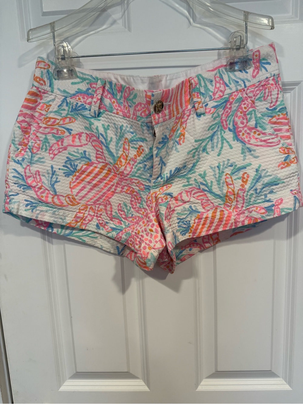 Lilly Pulitzer Coral & Aqua Seersucker Crab Print Shorts